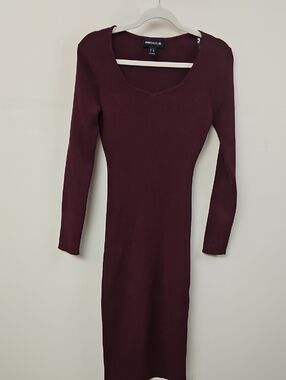 Arden B Dress XL Wine Burgundy‎ Ribbed Bodycon Long Sleeve Knit Midi Sweetheart